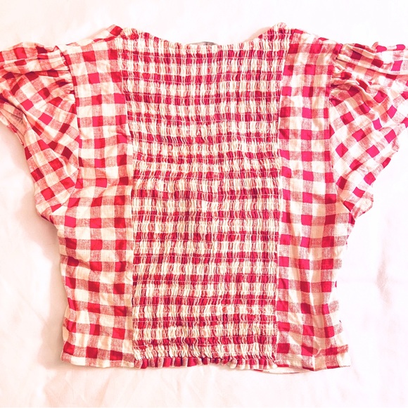 NWOT XS Zara Fuchsia Pink & White Gingham Cotton Crop Top, Flutter Sleeve - Picture 5 of 6